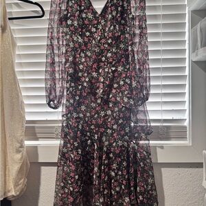 Astr Pink and Blue Ruffled Long Sleeve Wrap Dress